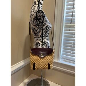 Etienne Aigner Vintage Woven Straw Leather Crossbody Bag Oxblood Burgundy Basket